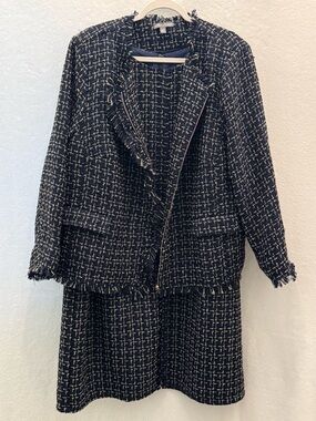 Jessica London Navy and Gold Tweed Fringe Jacket Dress 28W Career Professional